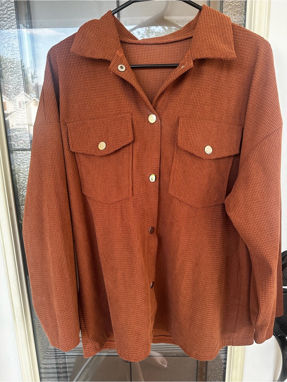 Waffle-Knit Button-Down Shirt Jacket in Rust - Women